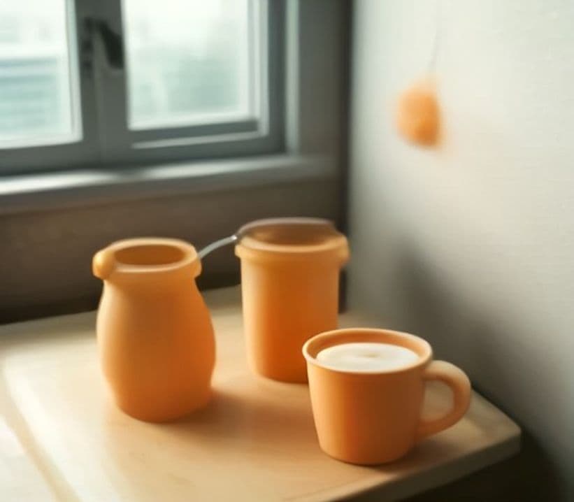Terracotta silicone cups and a practice cup on a sunny kitchen table — the kind of pieces in the 6-month box.